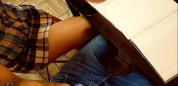  SCHOOLGIRL HANDJOB CLASSMATE UNDER THE TABLE ON LESSON CUM ON TIGHTS| CUM PANTYHOSE